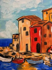 Mediterranean Harbor Scene Painting with Boats and Palm Tree, Distressed Yellow Frame — listing 4
