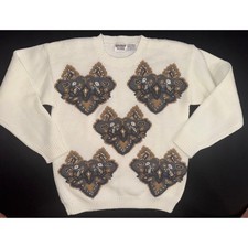 Vintage 1980s Suburban Petites Cream Beaded Bow Mock Neck Sweater, Women's Medium — listing 4