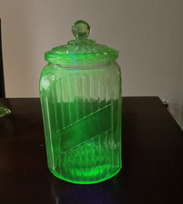 Vintage Uranium Green Glass Square Hoosier Canister Jar with Green Metal Lid — listing 3