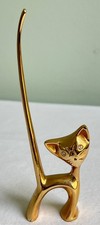 Vintage Brass Stylized Cat Ring Holder Figurine with Long Upright Tail