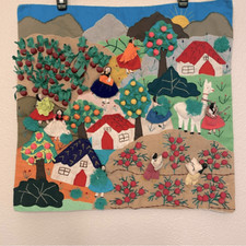 Peruvian Folk Art Arpillera Textile Wall Hanging with Framed 3D Applique Village Scene — listing 2