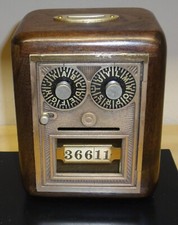 Handcrafted Wooden Coin Bank with Antique Post Office Box Door (Combination Dial Door) — listing 3