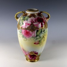 Antique Japanese Moriage Twin-Handled Floral Vase with Slip-Trailed Beading