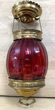 Antique Victorian Cranberry Glass Hanging Hall Lamp with Brass Font and Ceiling Canopy — listing 3