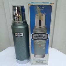 Vintage Stanley Aladdin A-944C Hammertone Green Quart Vacuum Bottle Thermos with Brown Leather Carrying Case — listing 2