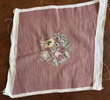Vintage Hand-Embroidered Wool Needlepoint Floral Panel Coverlet / Textile — listing 3
