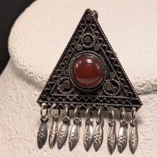 Vintage Carnelian Cabochon Rectangular Filigree Pendant in Yellow Gold Tone — listing 3