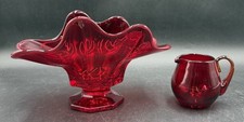 Vintage Ruby Red Depression-Era Glass Creamer with Swirl/Fan Pattern and Applied Handle