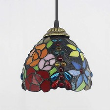 Vintage Spanish Revival Six-Panel Stained Slag Glass Pendant Lamp with Gilt Scrollwork