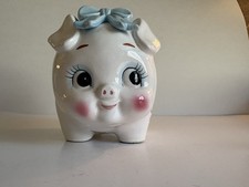 Lefton Ceramic Piggy Bank with Pink Bow and Floral Sprigs