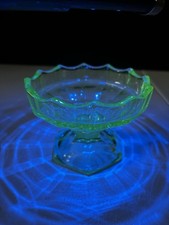 Depression Era Green Uranium Glass Champagne/Tall Sherbet with Etched Floral Band — listing 4