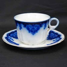 Antique Flow Blue Transferware Teacup and Saucer, Abbey/Castle Ruins Scenic Pattern, listing 3