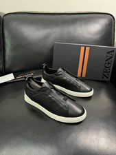 Black Leather Slip-On Sneaker with Gray Pebbled Wingtip Toe — listing 2