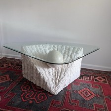 Round Tessellated Stone Rim Coffee Table with Glass Top and Wrought Iron Base — listing 3