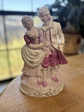 Vintage Porcelain Colonial Courting Couple Figurine, Dancing Pair in Pink and Green