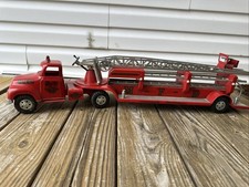 Vintage 1950s Pressed Steel M.F.D. No. 5 Aerial Ladder Fire Truck with Trailer