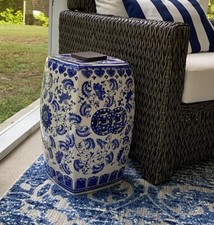 Blue and White Chinese Porcelain Garden Stool with Lotus and Scroll Motif — listing 5
