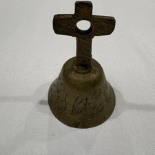 Vintage Brass Hand Bell with Cross Motifs and Long Handle