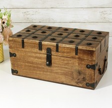 Vintage Dome-Top Wooden Trinket Chest with Wrought Iron Scrollwork Strap Hardware — listing 6