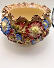 Handmade White Porcelain Round Vase with Sculptural Applied Flowers, Artist-Signed