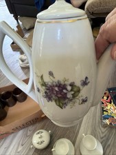 Vintage Porcelain Coffee Set with Purple Violets — Coffee Pot, Creamer, Covered Sugar Bowl — listing 6