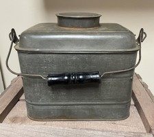 Antique Style Tin Miner's Lunch Pail with Wooden Bail Handle and Nested Cup Lid — listing 6