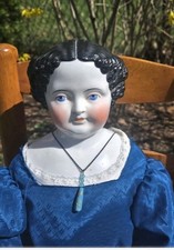 Vintage Porcelain Head Doll Ornament in Red Dress with Lace Bonnet and Apron — listing 2