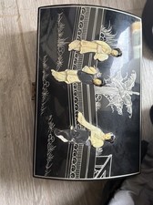 Set of 3 Chinese Black Lacquer Wall Panels with Carved Soapstone & Mother-of-Pearl Geisha Figures — listing 6