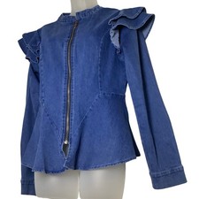 Women's Chambray Denim Ruffle-Front Peplum Jacket & Skirt Two-Piece Set — listing 5