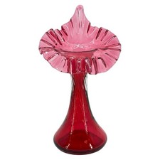 Vintage Hand-Blown Jack-in-the-Pulpit Art Glass Vase, Green & Pink Cased Glass with Ruffled Orange Top, 7.5" — listing 6