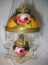Antique Victorian Hanging Oil Library Lamp with Hand-Painted Rose Font and White Milk Glass Dome Shade — listing 4