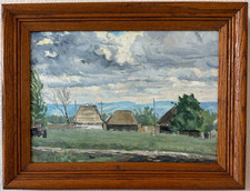 Original Folk Art Oil Painting, Mountain Landscape with Farm, Silo, Tower and Grazing Cattle