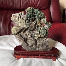 Chinese Hand-Carved Soapstone Bookend with Bird of Paradise & Foliage, Grey-Green, 5" Tall — listing 2