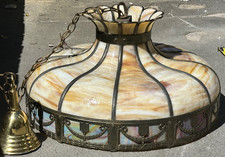 Vintage Mid-Century Tiered Stained Slag Glass Pagoda Pendant Chandelier with Amber Crystal Prisms — listing 4
