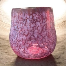 Hand-Blown Cranberry Spatter Art Glass Bud Vase with Applied Handles and Ruffled Rim — listing 3