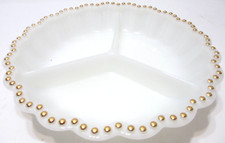 Vintage Anchor Hocking Fire King White Milk Glass 3-Section Divided Relish Dish with Gold Beaded Trim (Pair) — listing 5