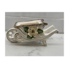 ESD Japan Hand-Painted Porcelain Nut/Trinket Dish with Gilded Metal Leaf Handle, Pink & Floral, 5 in — listing 5