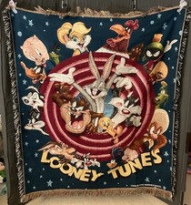 Vintage 1990s Looney Tunes Woven Tapestry Throw Blanket with Fringe