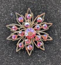 Vintage Gold-Tone Filigree Flower Brooch with Aurora Borealis Rhinestones — listing 6