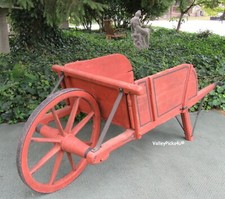 Antique Primitive Wooden Wheelbarrow in Original Blue Paint with Spoked Wooden Wheel — listing 4