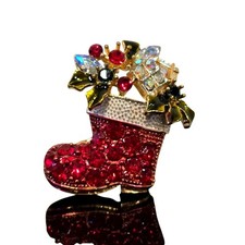 Holiday Season's Greetings Hand-Painted Christmas Stocking Brooch Pin, 18kt Gold Layered — listing 5