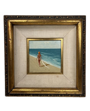 Framed Mediterranean Seaside Painting, Man with Bicycle and Boats, Signed Lorenz — listing 3