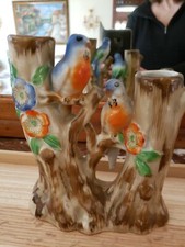 Ceramic Double Bud Vase, Two Birds on Fence with Gold Trim, Yellow Glaze, listing 3