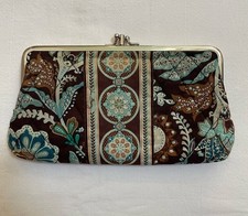 Vera Bradley Java Blue Quilted Kisslock Clutch Wallet, Brown & Blue Floral, 8 x 5 in