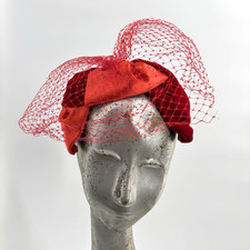 Vintage Red Straw Tilt Cocktail Hat with Millinery Rose Trim and Ribbon Ties — listing 4