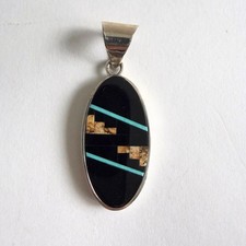 Native American Zuni Sterling Silver Multi-Stone Inlay Pendant with Sunburst Motif — listing 6