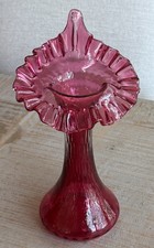 Vintage Hand-Blown Jack-in-the-Pulpit Art Glass Vase, Green & Pink Cased Glass with Ruffled Orange Top, 7.5" — listing 5