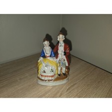 Colonial Courting Couple Porcelain Figurine, Lady with Harp and Gentleman on Bench, Blue and Gold Victorian Style — listing 6