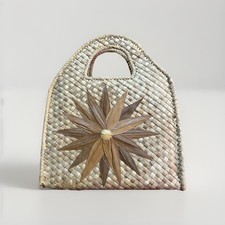 1930s Large Round Woven Straw Handbag with Floral Raffia Rosettes, Wooden Ring Handles, Natural & Rose, 16x17x6 in — listing 3