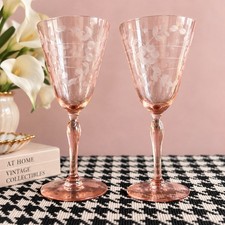 Vintage Pink Depression Glass Wine Goblet with Wheel-Cut Floral Etching — listing 3